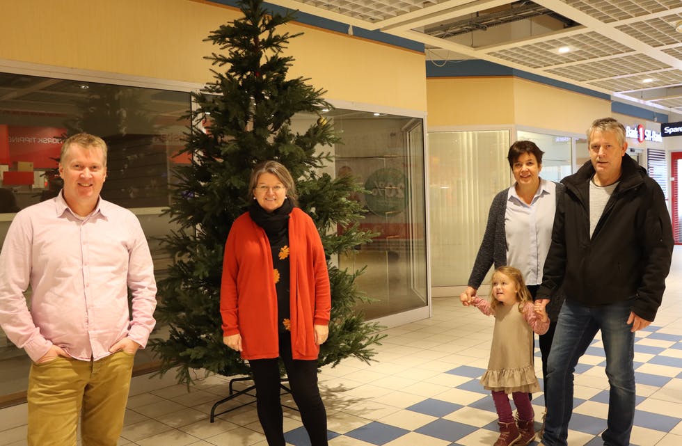 Bjarte Ohm (t.v.), Bjørg H. Bakke, Wenche Strand Hauge, Torstein Hauge og 3 år gamle Hanna Hauge Stensland håpar julegåvetreet kan gleda mange til jul.
Foto: Irene Mæland Haraldsen