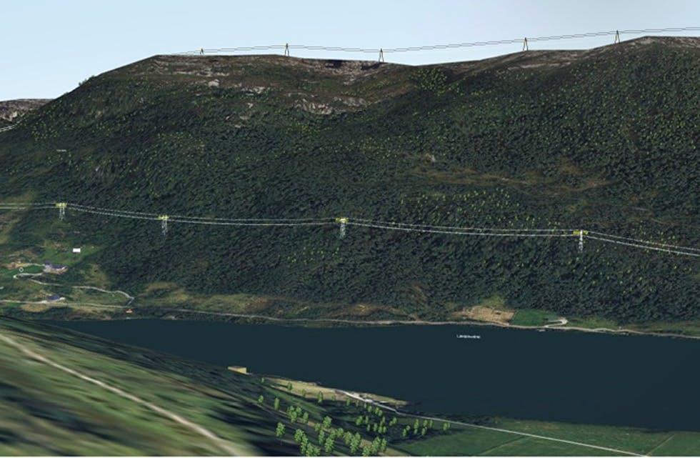Dette er illustrasjonen som fekk etnebuen til å steila. To traséval sett frå Bergsvegen mot søraustsida av Litledalsvatnet. Det øvste alternativet går over turområdet Strypeheia.
Illustrasjon: STATNETT